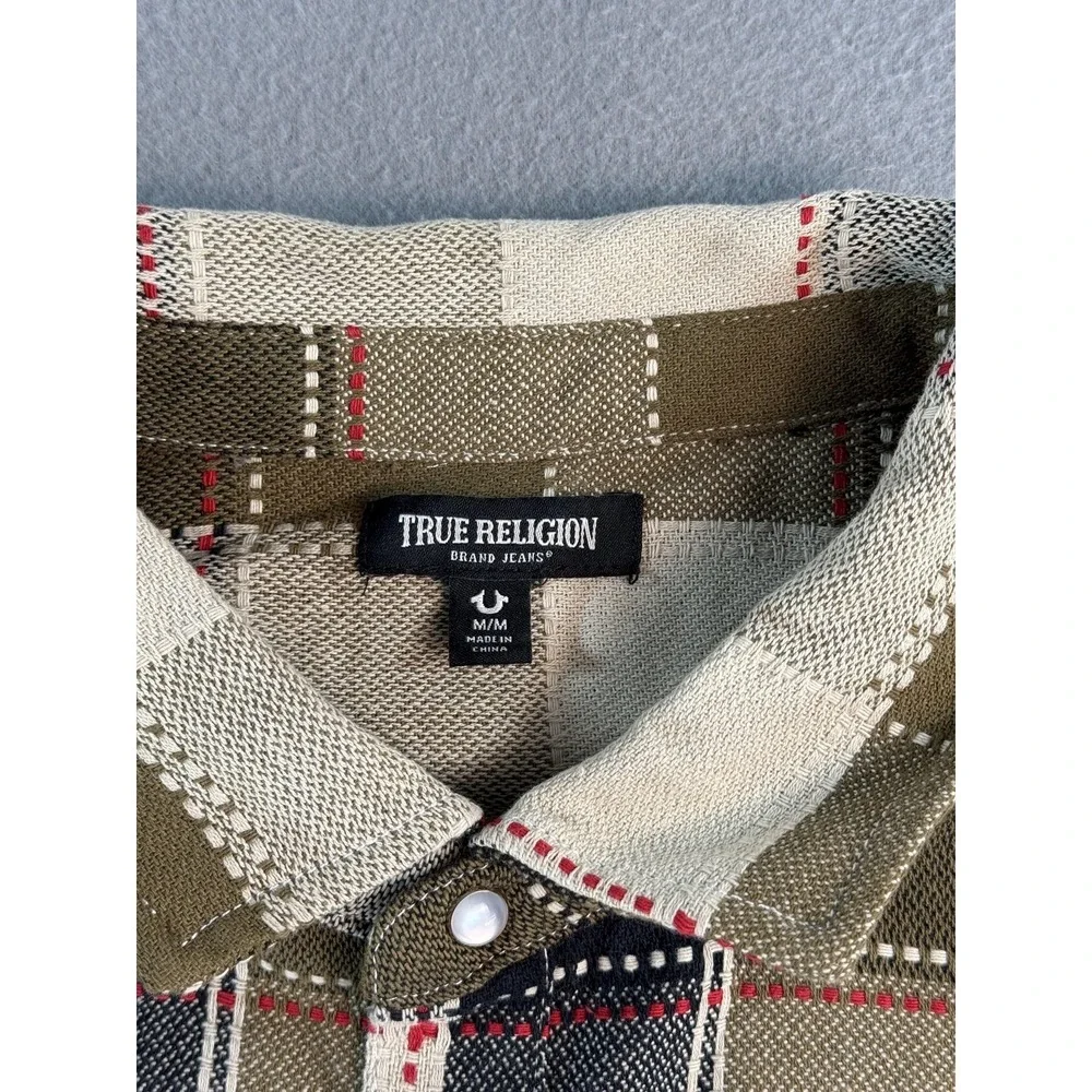 True Religion Shirt Mens Medium Plaid Western Pearl Snap Button Up Casual